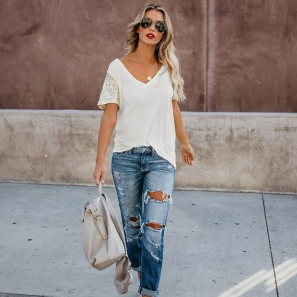 Boutique Sparkling Gold Sleeved Sequin V Neck Casual T-shirt - Picture 6 of 10